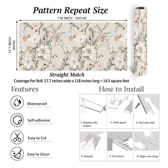 New Beige Peel Stick Wallpaper Boho Floral Lot Of 6 Rolls Botanical Cottage - Picture 6 of 12